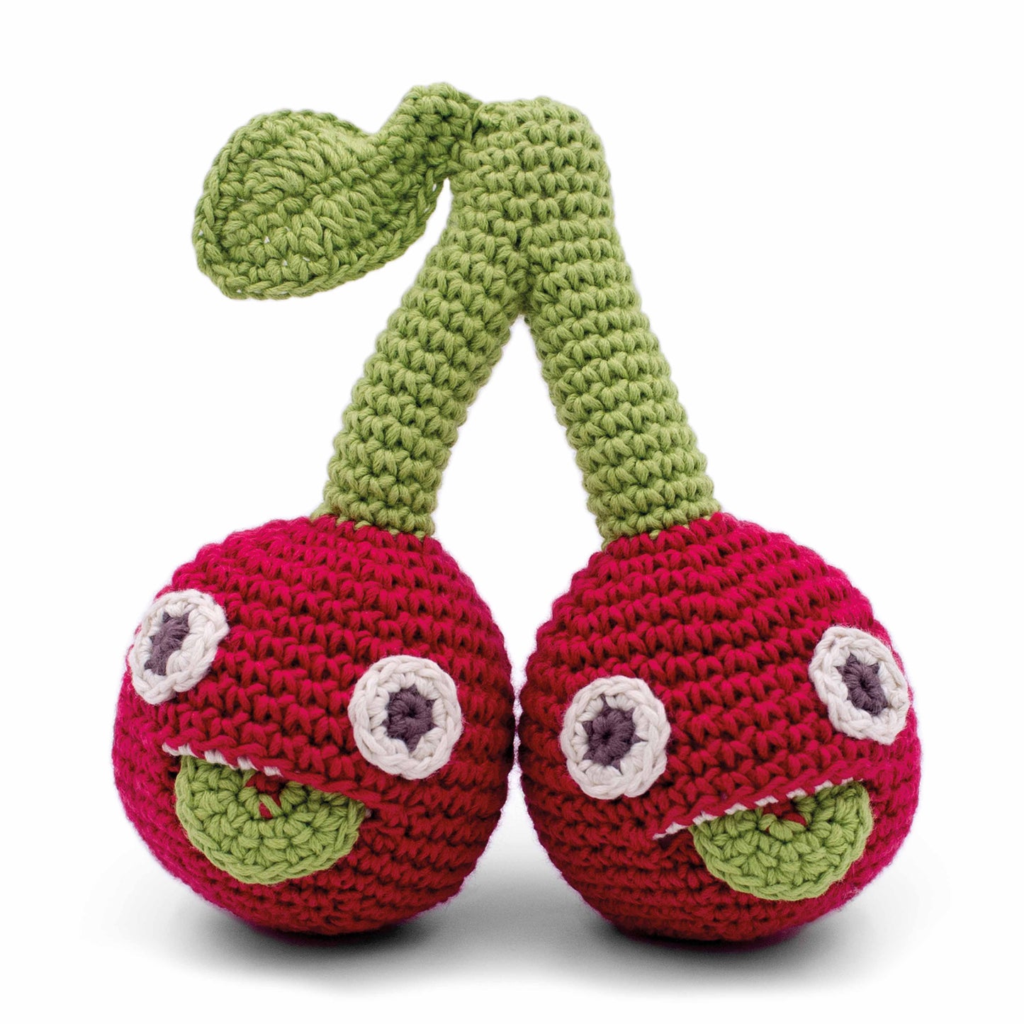 Hochet Cerises pour bébé en crochet en coton bio fait main avec petit grelot. Deux cerises. Couleur rouge.