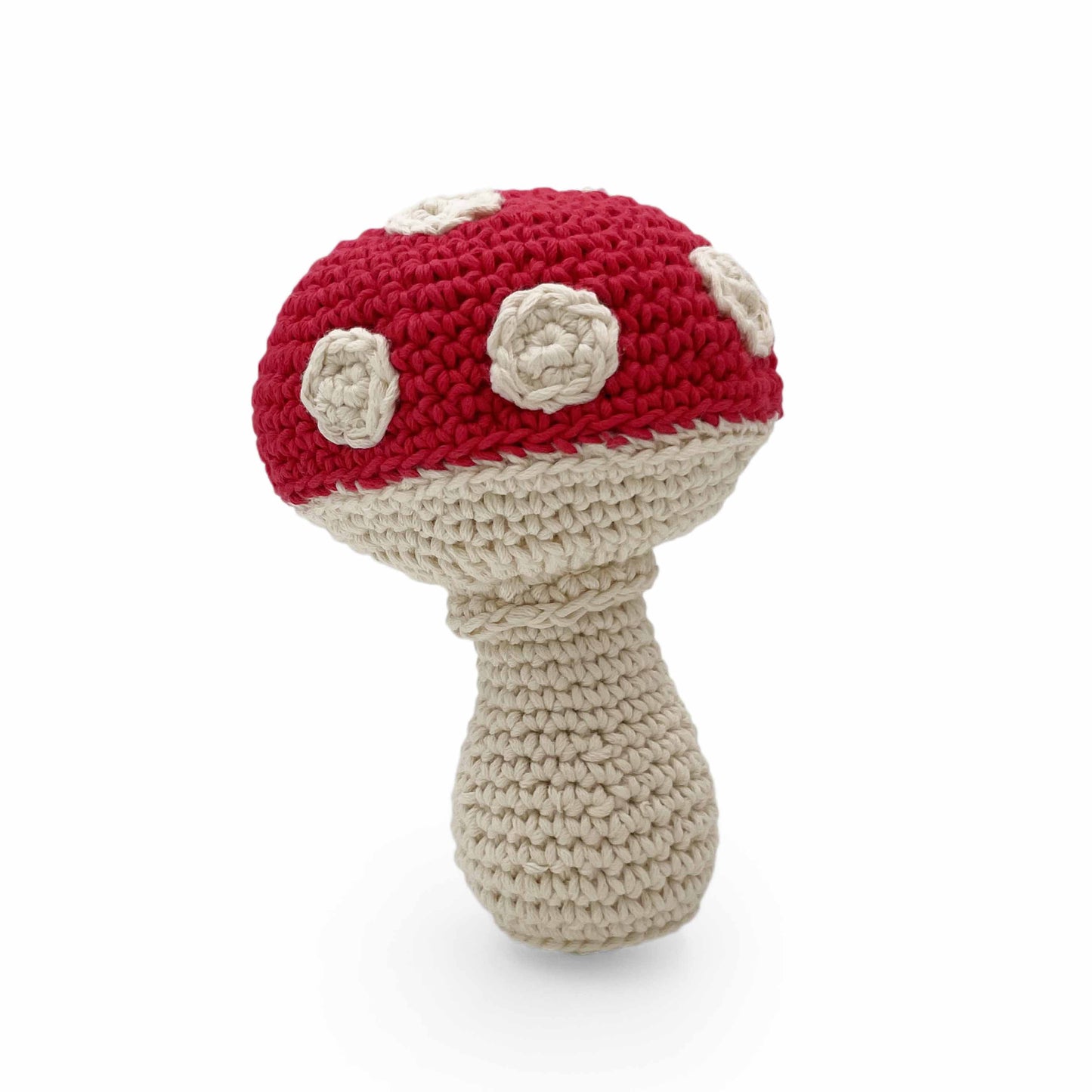 Hochet Champignon pour bébé en crochet en coton bio fait main avec petit grelot. Hauteur 14cm, couleur rouge et pois blancs